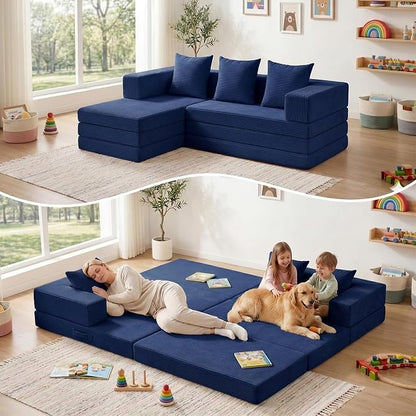 65" Modular Sectional Sofa, Boneless Convertible Sleeper Sofa Bed, Modern Tri-Folding Cloud Couch with L-Shape Chaise, Corduroy Futon Couches for Small Spaces Apartment,No Assembly,Blue