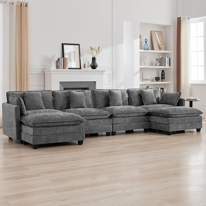 147'' Sectional Cloud Deep Seat Couch, Oversized Chenille U Shaped Sectional Sofa for Living Room Set, Comfy Upholstered Modular Sectional Sofa Couch with 2 Movable Ottoman, Grey
