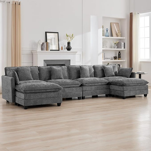 147'' Sectional Cloud Deep Seat Couch, Oversized Chenille U Shaped Sectional Sofa for Living Room Set, Comfy Upholstered Modular Sectional Sofa Couch with 2 Movable Ottoman, Grey