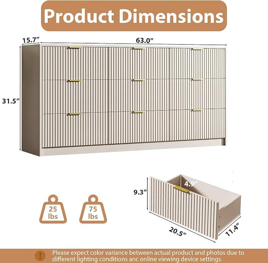 MAISONARIA 3-Piece Dresser Bedroom Set, 9 Drawer Dresser & 2 Drawer Nightstands with Gold Handles, Fluted Wood Chest of Drawers for Bedroom, Living Room, Entryway, Beige
