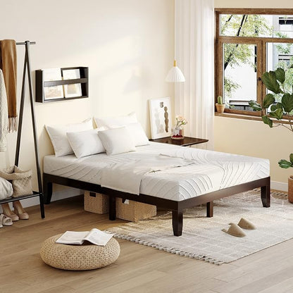 KOMFOTT 14 Inches Wood Platform Bed Frame King Size, Wooden Mattress Foundation with Rubber Wood Frame, Strong Wooden Slat Support, No Box Spring Needed, Bed Frame (Dark Brown)