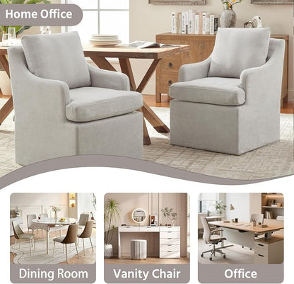 VKNOW Upholstered Dining Chairs Set of 2, Modern Kitchen Chairs Dinner Chairs with 4 Casters, Chenille Armchair for Bedroom Reading Room Living Room, Light Grey