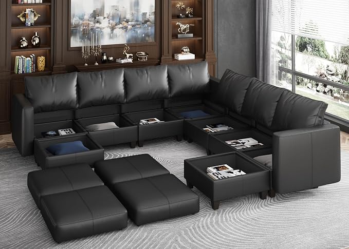 EASE MOOSE Leather Sectional Couch Sofa with Storage,Faux Leather Modualr Sectional Sofa Brown U Shaped Modular Couch，Black