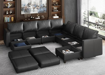 EASE MOOSE Leather Sectional Couch Sofa with Storage,Faux Leather Modualr Sectional Sofa Brown U Shaped Modular Couch，Black