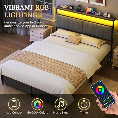 Queen Bed Frame with 2 Storage Drawers, Grey Upholstered | Headboard with Charging Station and LED Lights, Metal Platform Bed with Storage Shelf, Noise Free, No Box Spring Needed