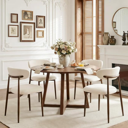 Furniliving Mid Century Modern Dining Chairs Set of 4, 300 lbs Capacity Upholstered Chenille Kitchen Chairs with Walnut Grain Metal Legs and Ergonomic Curved Back, Beige(Walnut/Chenille)