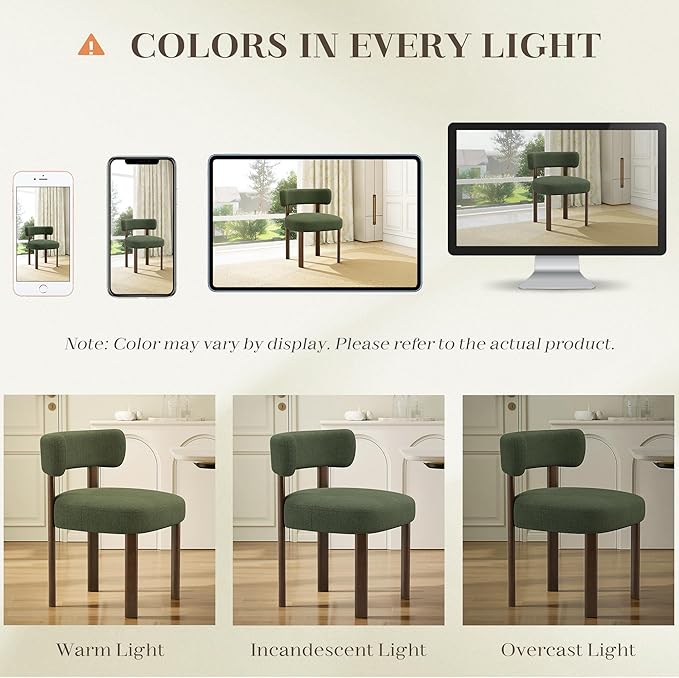 Wooden Dining Chairs Set of 6, Upholstered Kitchen Chairs with Solid Wood Legs, Mid Century Dining Room Chair with Ergonomic Curved Backrest for Kitchen Dining Vanity, Green