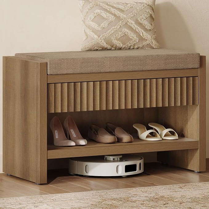 SICOTAS Fluted Shoe Bench with Cushion, Entryway Shoe Storage Bench | 300 lb Capacity, Comfortable 19.7" Seat Height, Fits 6 Pairs, Fluted Caramel Oak Design, Hidden Drawer Storage, Hallway