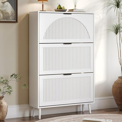 BORNOON Shoe Cabinet for Entryway with 3 Flip Drawers, Slim Wooden Shoe Storage Organizer with Modern Fluted Pannel，Freestanding Narrow Hidden Shoe Rack for Hallway, Foyer, Living Room