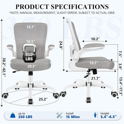 FelixKing Office Chair, Ergonomic Desk Chair Breathable Mesh Chairs Adjustable High Back Lumbar Support Flip-up Armrests, Executive Rolling Swivel Comfy Computer Chairs Home Office Gray