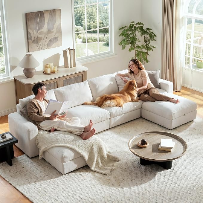 Cloud Couch Sectional 146.5'' Oversized Modular Deep Seat Sofa Bed Comfy White Cloud Couch with Washable Cover for Living Room 4 Seater with 4 Ottoman