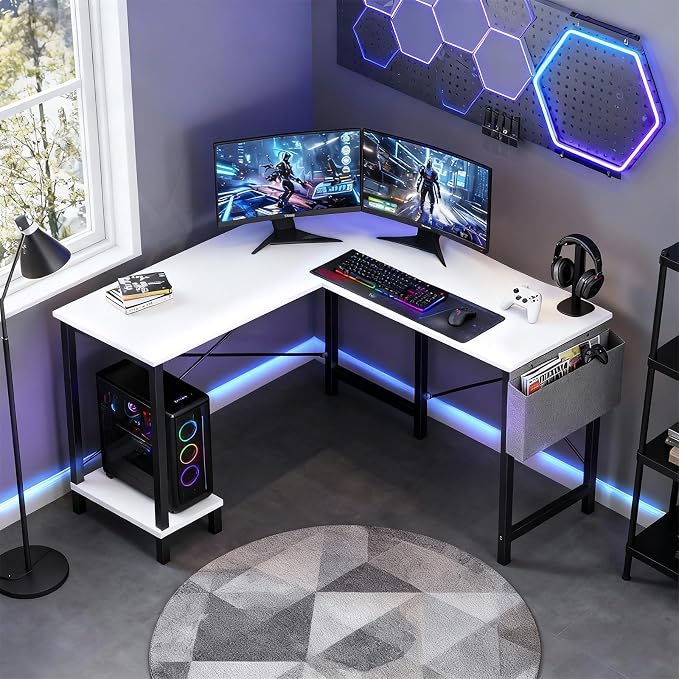 OLIXIS L Shaped Desk, 50-Inch Office Computer Gaming Desks Corner PC Table with Side Bag and Reversible Shelf for Home Work Study Writing White