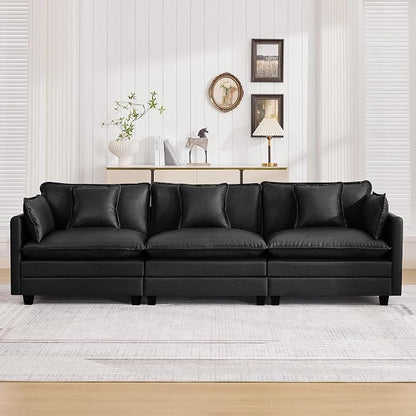 111'' Sectional Cloud Deep Seat Couch, Modern Comfy Leather Modular Sectional Sofa for Living Room Set, Upholstered Modular 3-Seats Sofa Couch, Leather Black