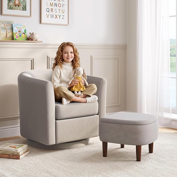Swivel Accent Chair with Storage Ottoman Set of 2, Small Modern Velvet Barrel Chair, Upholstered Armchair with Footrest for Living Room/Reading/Bedroom, 24.8'' D x 25.38'' W x 25.6'' H, White