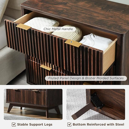 T4TREAM Fluted 3 Drawers Nightstand, Oversized Extra Large Modern Side Table, End Table Bedside for Bedroom, Living Room, Curved Profile Design, Dark Walnut