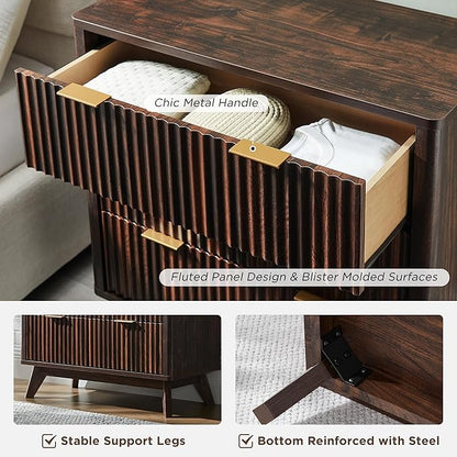 T4TREAM Fluted 3 Drawers Nightstand Set of 2, Oversized Extra Large Modern Side Table, End Table Bedside for Bedroom, Living Room, Curved Profile Design, Dark Walnut