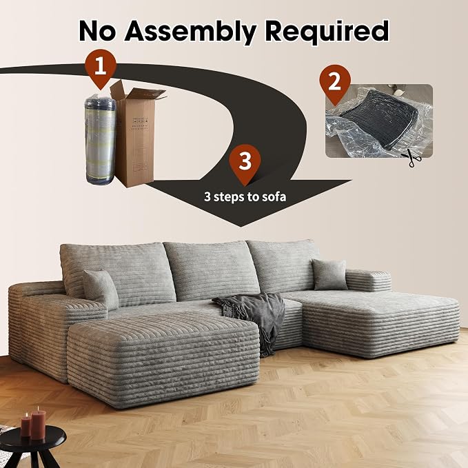 AUGOP 108" Sectional Couches for Living Room Modern Modular Sofa with L-Shape Couchs Upholstered Boneless Couch Deep Seat Sectional Couch with Chaise (Grey, Right Facing Chaise+2Seaters+1Ottoman)