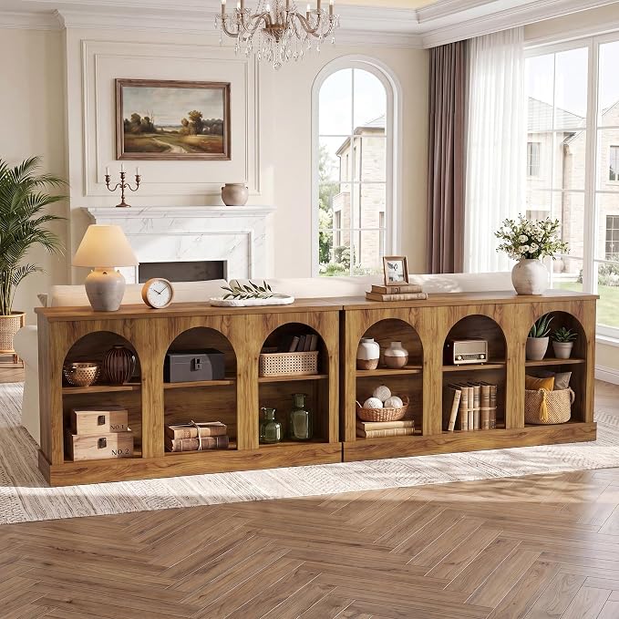 Tribesigns Farmhouse Console Table Set of 2, Extra Long Entryway Table with 3 Tier Storage, Wooden Rectangular Sofa Table Behind The Couch for Entrance, Hallway, Living Room Natural Wood