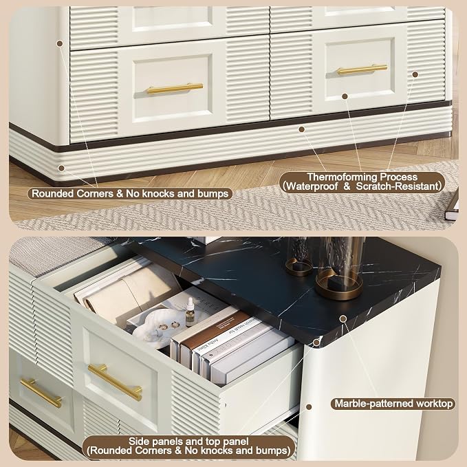 RECHHX Farmhouse 6 Drawers Dresser for Bedroom, 47.2" Wide Large Modern Marble-Effect Chest of Drawers, Wooden Thermoformed Curved Dresser Organizer for Bedroom, Living Room, White