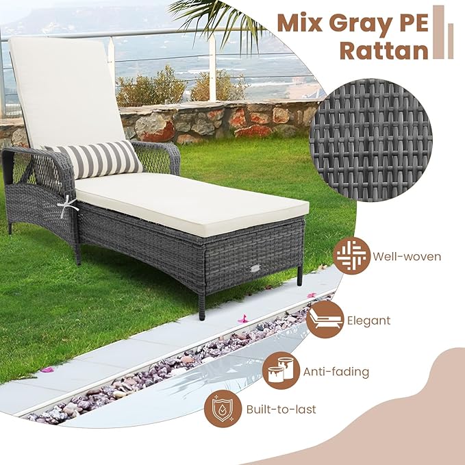 COSTWAY PE Rattan Chaise Lounge Chair, 6 Gear Adjustable Recliner with Armrest & Pillow, Wicker Outdoor Furniture for Deck, Patio (2, Gray)