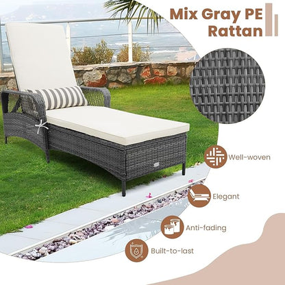 COSTWAY PE Rattan Chaise Lounge Chair, 6 Gear Adjustable Recliner with Armrest & Pillow, Wicker Outdoor Furniture for Deck, Patio (2, Gray)