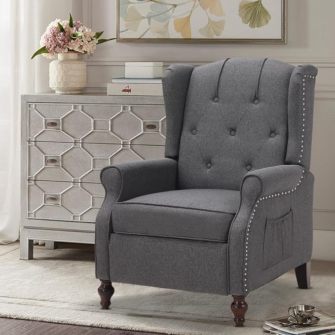 Wingback Recliner Chair with Massage and Heat Tufted Fabric Push Back Arm Chair, Recliner Chair for Living Room Bedroom Home Theater (1,Grey)
