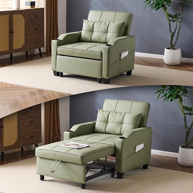 VINGLI Sofa Bed Chair Recliner, 3-in-1 Convertible Sleeper Sofa Chair Bed Green Daybed Pull Out Couch with Adjustable Backrest, USB Ports, Cup Holders for Small Spaces Living Room