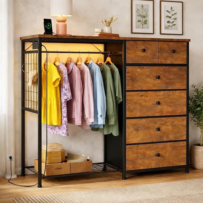 Simple Deluxe Storage Clothes Rack with 6 Drawers, Charging Station & LED Lights, Fabric Chest Shelves Clothing Rack, Wooden Portable Wardrobe Closet, 49.2" W x 15.7" D x 47.2" H, Brown