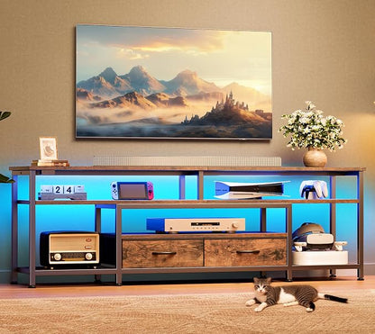 Huuger 63 Inch LED TV Stand for 65 70 Inch TV, Entertainment Center with Open Shelves and Power Outlets, TV Console for Living Room, Media Console with Drawers, Rustic Brown, 8779FC