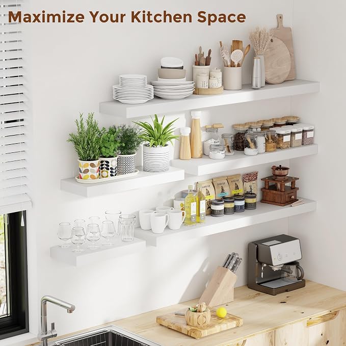 Heimlove 12 Inch Floating Shelves for Wall White Shelves Set of 2,Wall Mounted Rustic Wood 8 Inch Deep Floating Shelf with Invisible Brackets for Bedroom Kitchen Living Room
