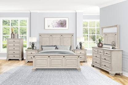 Renova Distressed Parchment Wood Bedroom Set, Panel Bed, Dresser, Mirror, Two Nightstands, Chest
