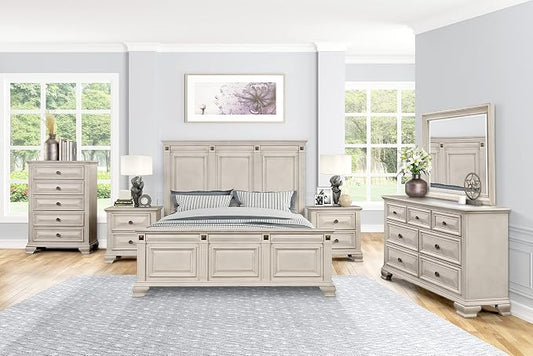 Renova Distressed Parchment Wood Bedroom Set, Panel Bed, Dresser, Mirror, Two Nightstands, Chest