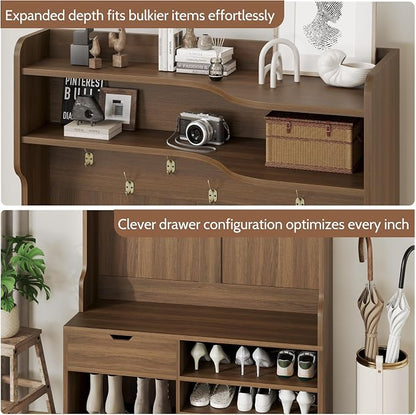 Hall Tree with Bench and Shoe Storage, 5-in-1 Entryway Hall Tree with Coat Rack, Hidden Drawer, 7 Coat Hooks, 3-Tier Shoe Storage for Hallway and Mudroom, Walnut