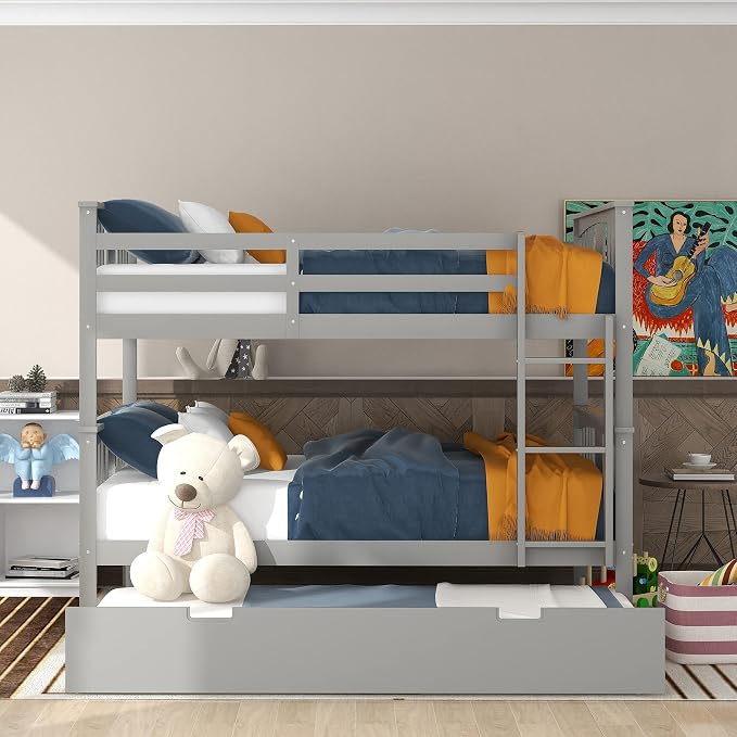 Merax Full Over Full Bunk Bed with Trundle, Convertible to Two Separate Beds, Solid Pine Wood Frame with Safety Guardrail & Headboard/Footboard, Sturdy Durable Design, No Box Spring Needed, Grey