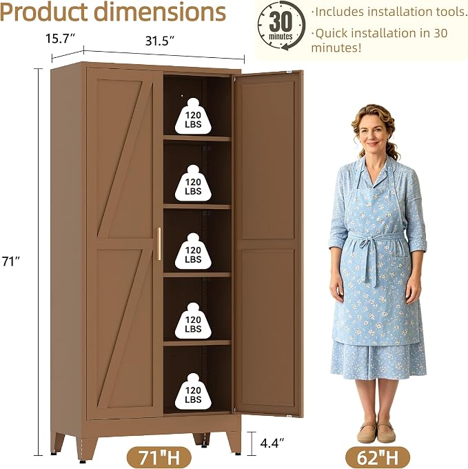 71”H Metal Kitchen Pantry Cabinet, Pantry Cabinets with 2 Doors and 4 Shelves, Kitchen Cabinet for Kitchen, Dining Room, Living Room and Bathroom, Brown