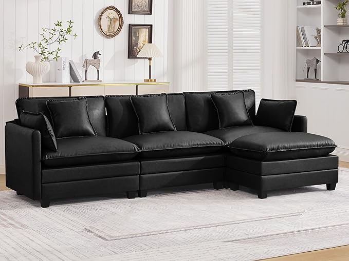 111'' Sectional Cloud Deep Seat Couch, Modern Comfy Leather L Shaped Sectional Sofa for Living Room Set, Upholstered Modular 4-Seats Sofa Couch with 1 Movable Ottoman, Leather Black