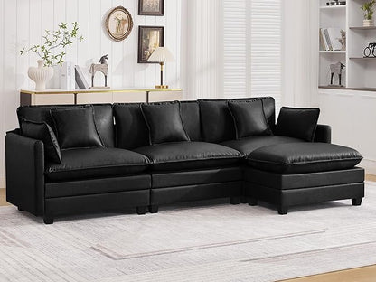 111'' Sectional Cloud Deep Seat Couch, Modern Comfy Leather L Shaped Sectional Sofa for Living Room Set, Upholstered Modular 4-Seats Sofa Couch with 1 Movable Ottoman, Leather Black