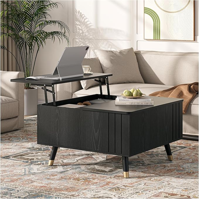 Lift Top Coffee Table with Storage, 32" Black Center Table for Living Room, Square Dinning Table with Solid Wood Legs