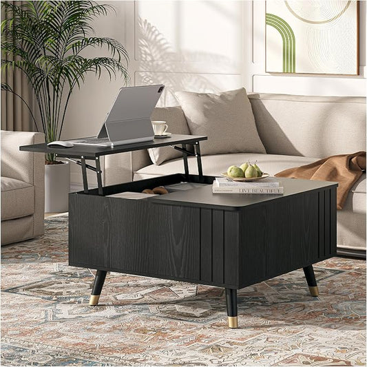 Lift Top Coffee Table with Storage, 32" Black Center Table for Living Room, Square Dinning Table with Solid Wood Legs