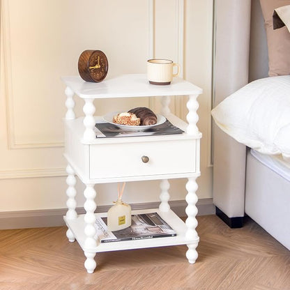 AWASEN White Nightstand, Bed Side Table Bedroom with Drawer, 3-Tier Small Night Stand End Table with Storage for Small Spaces &Solid Wood Spindle Legs, White