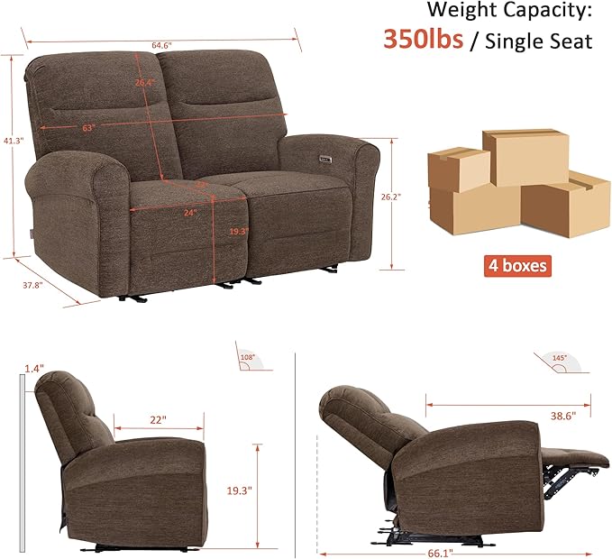 MCombo 64.6" Wall Hugger Power Loveseat Recliner Sofa with USB Ports, Reclining Loveseat for Small Spaces Living Room RV, Fabric PR635M1 (Dark Brown)