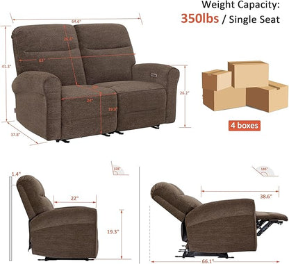 MCombo 64.6" Wall Hugger Power Loveseat Recliner Sofa with USB Ports, Reclining Loveseat for Small Spaces Living Room RV, Fabric PR635M1 (Dark Brown)