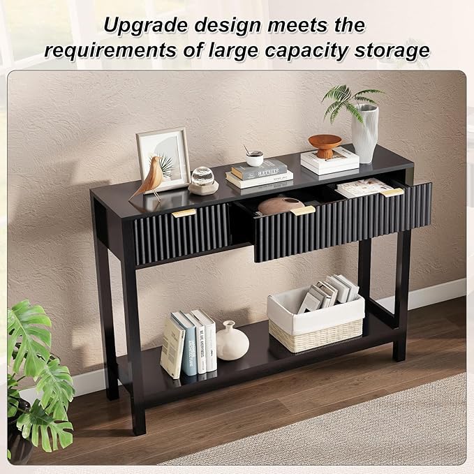 Nasonet Fluted Console Table, Wooden Sofa Table with Storage and Drawers, Farmhouse Behind Couch Table Entryway Table for Entrance, Hallway, Living Room, Black