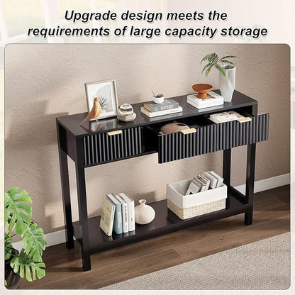 Nasonet Fluted Console Table, Wooden Sofa Table with Storage and Drawers, Farmhouse Behind Couch Table Entryway Table for Entrance, Hallway, Living Room, Black