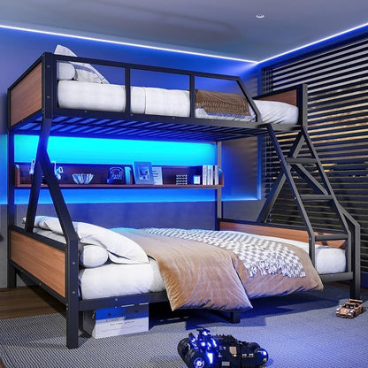 KEIKI Queen Over King Bunk Bed, Heavy Duty Metal Bunkbed with Storage Shelves, Lights, Bottom Space & Guardrail for Aldults Dorm Bedroom Guest Room, No Box Spring Needed, Noise-Free Design