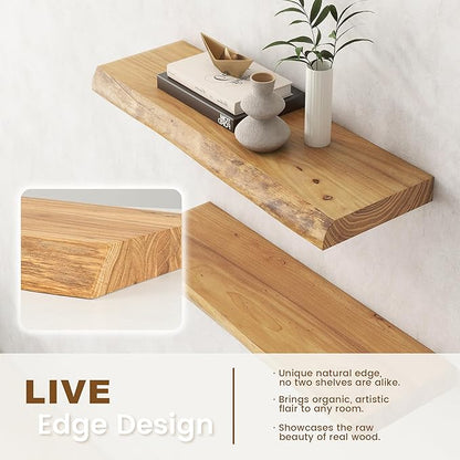 Live Edge Floating Shelves for Wall Decor, Solid Elm Wood Floating Shelves Wall Mounted, Rustic Wall Shelves with Invisible Bracket for Living Room Bathroom Bedroom Kitchen, 36 Inch Set of 2, Natural