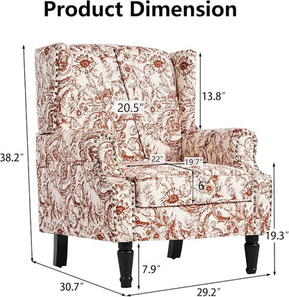 Pia Ricco High Back Floral Accent Chair - Retro Wingback Upholstered Armchair with Nailhead Trim, Solid Wood Legs, Fabric Living Room Bedroom Reading Chair (Rococo Orange)