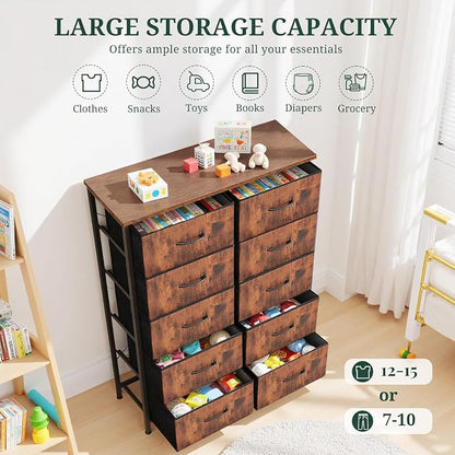 10-Drawer Dresser for Bedroom, Anti-Tip Tall Storage Organizer Chest of Drawers with Wooden Top and Metal Frame Fabric Bins for Closet, Living Room, Hallway, Entryway, Brown