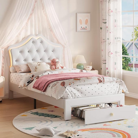 Twin Size Bed Frame for Girls with Storage Drawers & LED Lights, Upholstered Platform Bed, Velvet Crystal Button Princess Bed, Noise-Free Slats, No Box Spring Needed for Kids, Teens, White