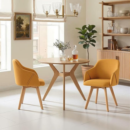 Swivel Dining Chairs Set of 2, Mid Century Modern Dining Chairs with Arms and Wood Legs, Linen Fabric Upholstered Kitchen Chairs for Dining Room Living Room, Comfortable Widen Seat, Yellow